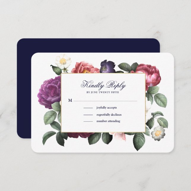 Carte RSVP bleu vintage Floral Navy (Devant / Derrière)