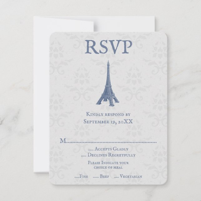 Carte RSVP Blue Eiffel Tower Mariage damassé (Devant)