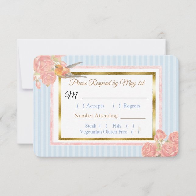 Carte RSVP Blue PInk Gold Bird & Floral Wedding (Devant)