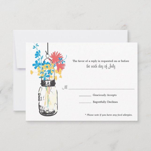 Carte RSVP Blue Wild Flowers & Mason Jar (Devant)