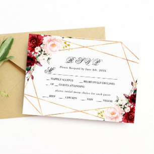 Carte RSVP Blush Rose & Burgundy Rose Wedding