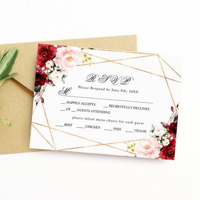 Carte RSVP Blush Rose & Burgundy Rose Wedding (Créateur téléchargé)
