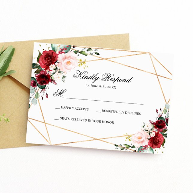 Carte RSVP Blush Rose & Burgundy Rose Wedding (Créateur téléchargé)