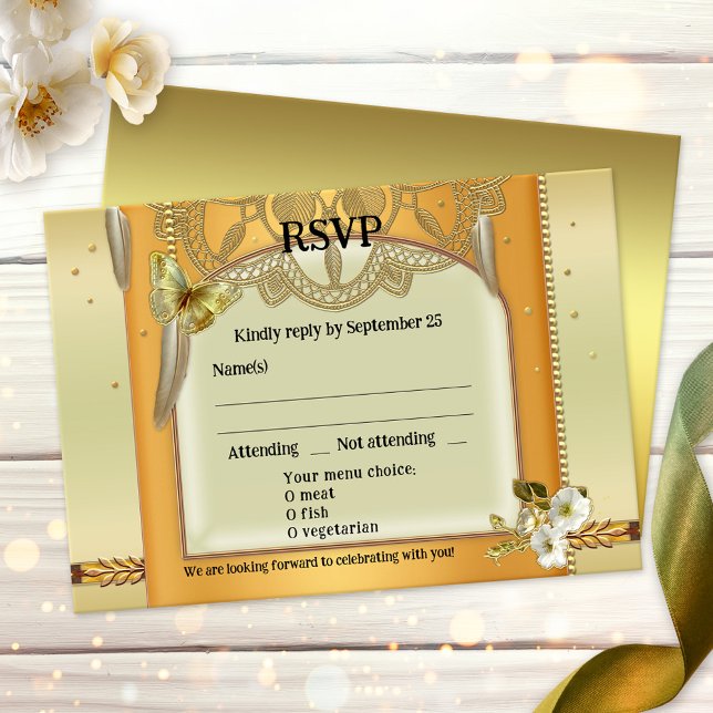Carte RSVP Bohemian Retro Dreamcatcher Wedding (RSVP card featuring a gold dreamcatcher inspired design with feathers)