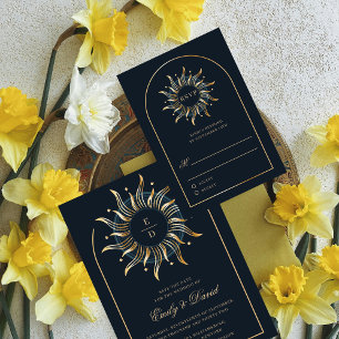 Carte RSVP Boho Golden Monogram de la marine céles