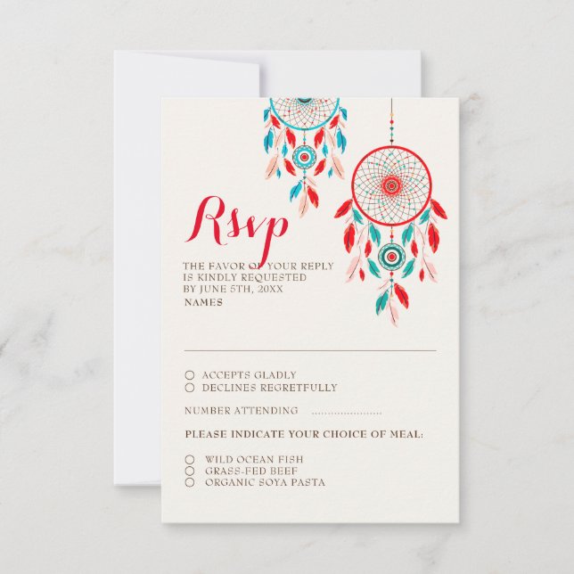 Carte RSVP Boho Tribal Feather Dreamcatcher Weddin (Devant)