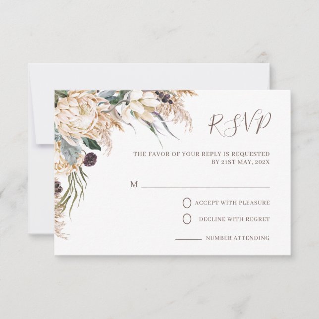 Carte RSVP Boho White Protea Pampas Mariage Grass (Devant)