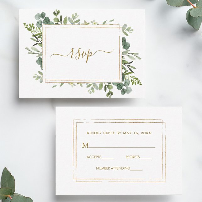 Carte RSVP Botanical Gold Greenery Wedding (Front & Back)