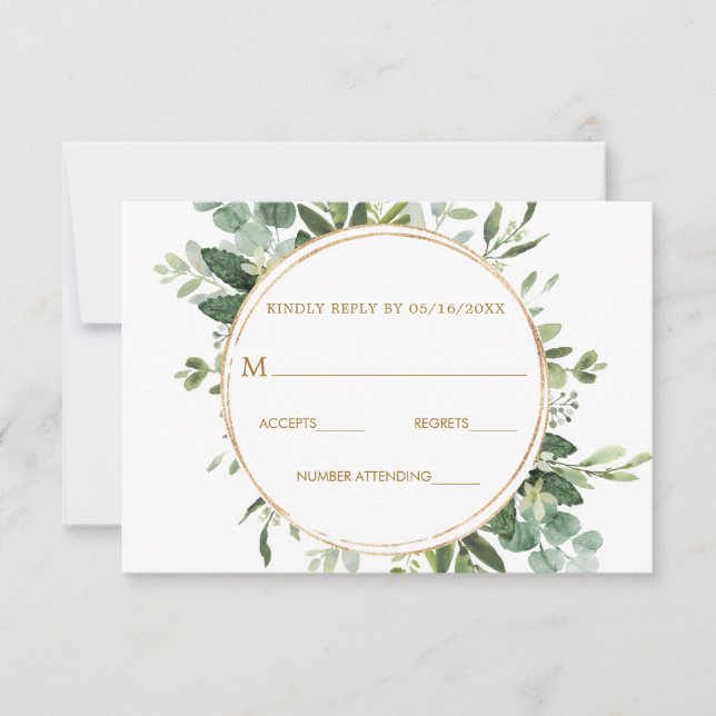 Carte RSVP Botanical Gold Greenery Wreath Wedding (Devant)