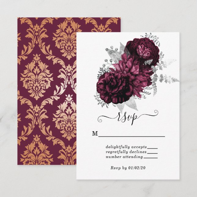 Carte RSVP Bourgogne Florale et Mariage damassé (Devant / Derrière)