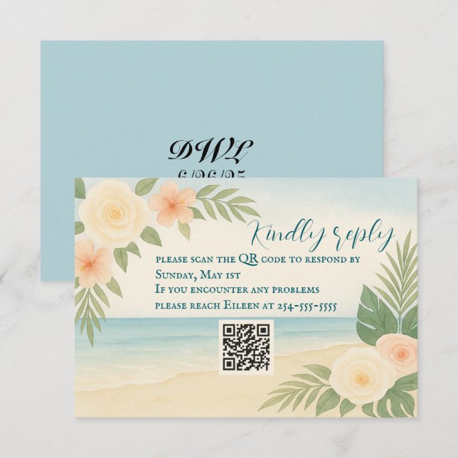 Carte RSVP Budget Friendly Floral Beach QR Code (Devant / Derrière)