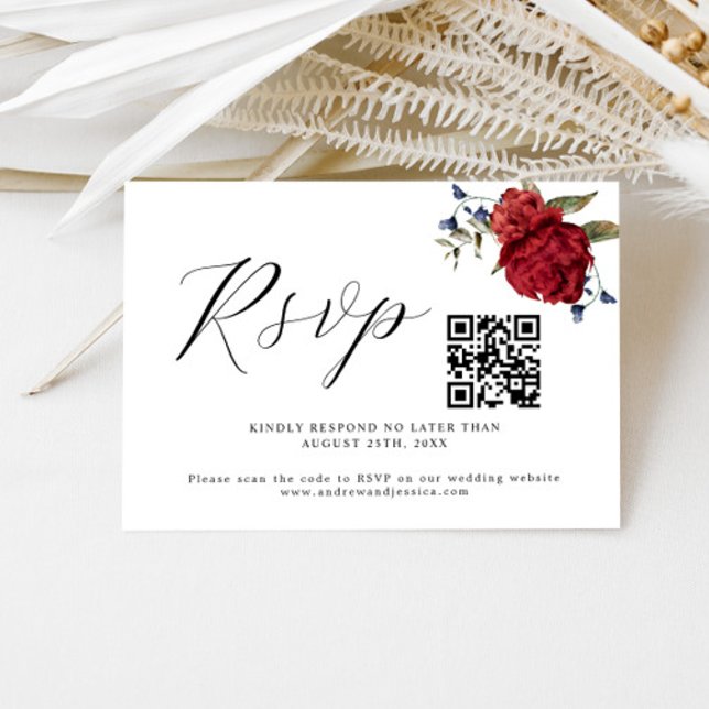 Carte RSVP Burgundy Floral Mariage QR Code (Créateur téléchargé)