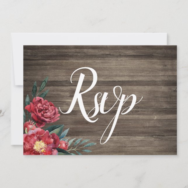 Carte Rsvp Burgundy Floral Rustique Grange Bois (Devant)