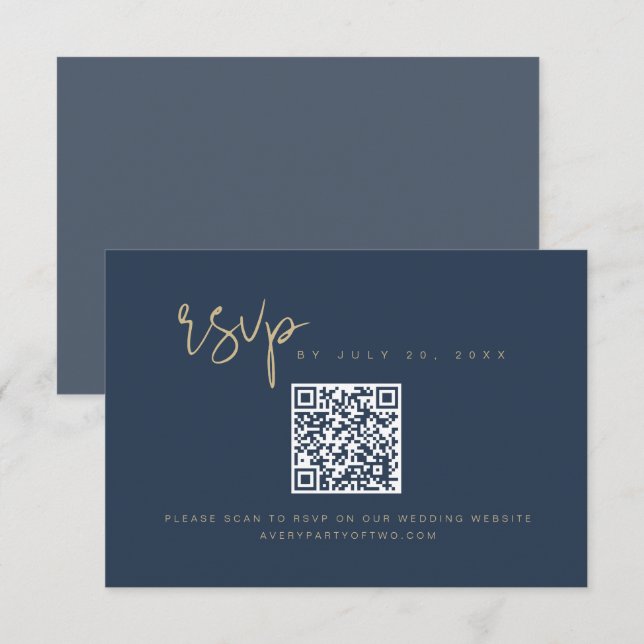 Carte RSVP CAITLIN Elegant Navy et Gold QR Code (Devant / Derrière)