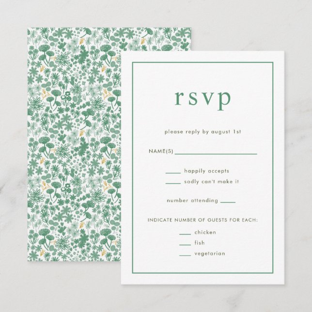 Carte RSVP Chic Green Ditzy Floral Wedding (Devant / Derrière)