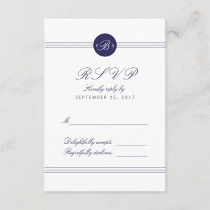 Carte RSVP Chic Navy Blue White Monogram Réponse