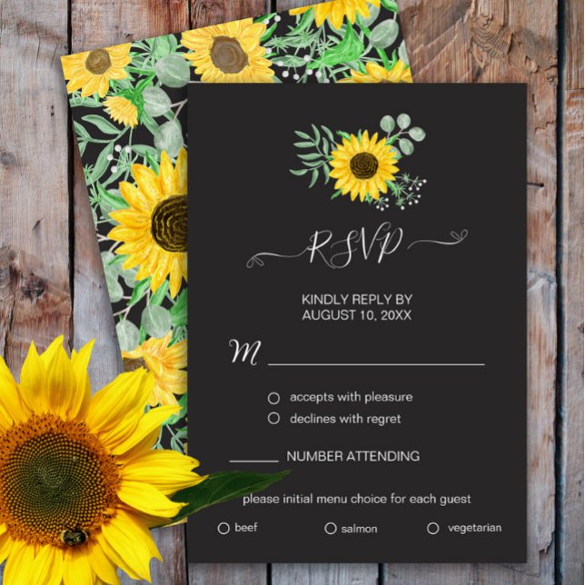 Carte RSVP Choix du menu noir des tournesols Aquar (Créateur téléchargé)
