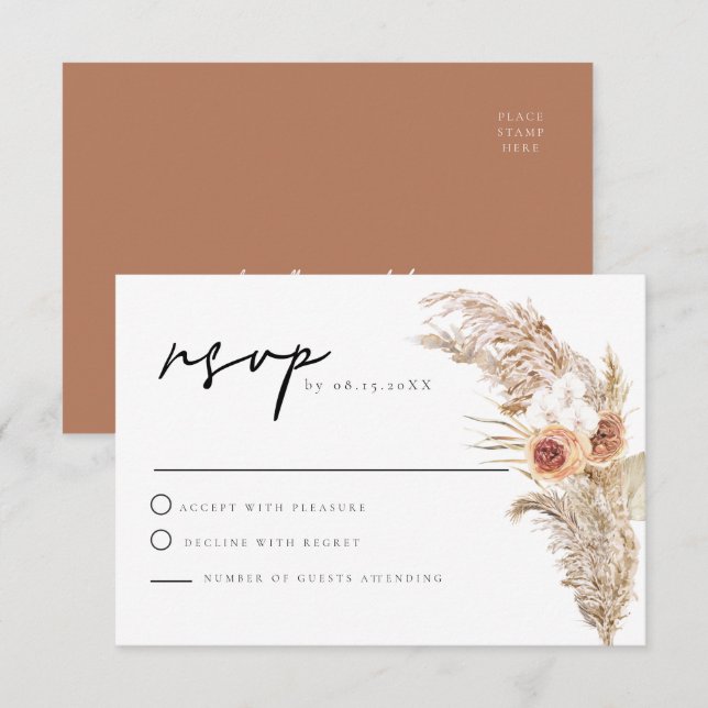 Carte RSVP CIERA Boho Terracotta Florale Pampas (Devant / Derrière)