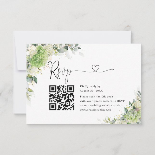 Carte RSVP Code QR du site Web de mariage Green Hy (Devant)