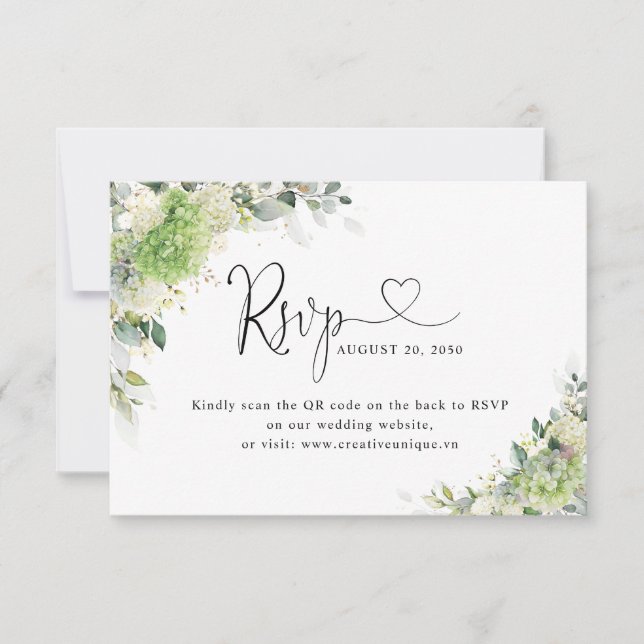 Carte RSVP Code QR du site Web de mariage Green Hy (Devant)