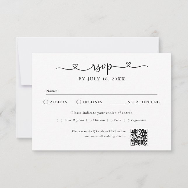 Carte RSVP Code QR Photo Cœur Script Blanc Cassé (Devant)