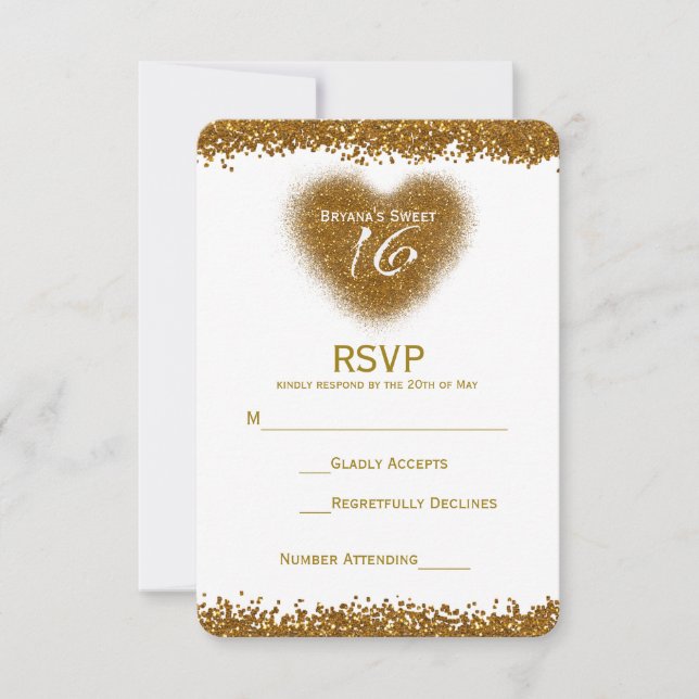 Carte RSVP Cœur Sweet 16 avec paillettes dorées (Devant)