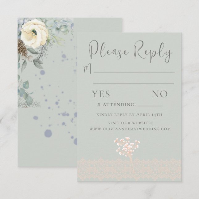 Carte RSVP couleur blanc vert Sage romantique (Devant / Derrière)