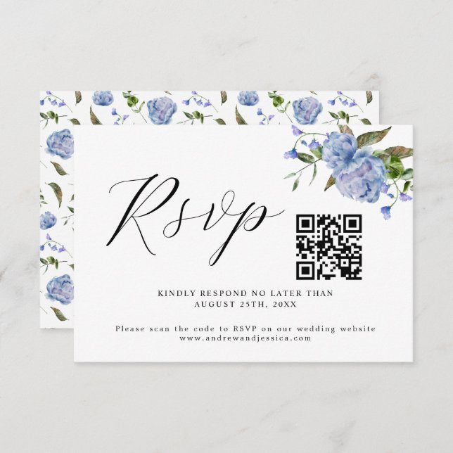 Carte RSVP couleur bleu Mariage QR Code (Devant / Derrière)