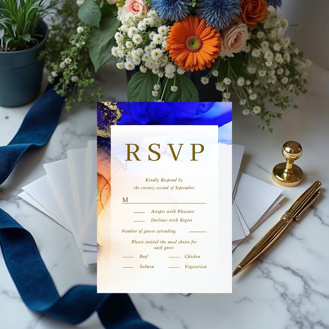 Carte RSVP couleur bleu orange or mariage (Colorful Blue Orange Gold Wedding RSVP Card.)