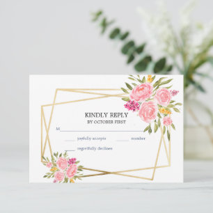Carte RSVP couleur corail rose et cadre or