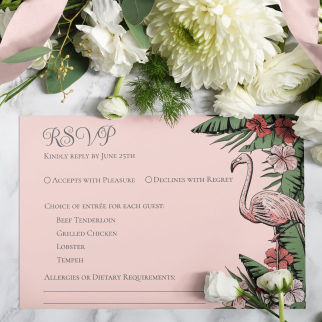 Carte RSVP couleur rose vierge Mariage tropical (Elegant & Chic Blush Pink Floral Flamingo Tropical, Summer or Beach Wedding RSVP Response Card. )