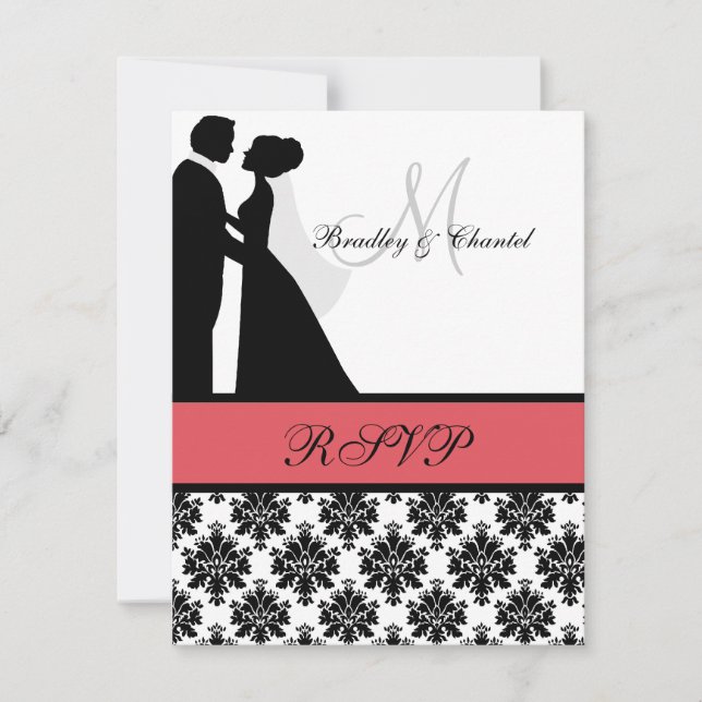 Carte RSVP Couple Mariage noir et corail (Devant)