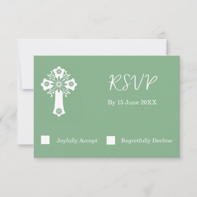 Carte RSVP Croix Florale Christening Sage Green (Devant)