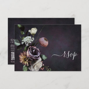 Carte RSVP Dark Moody Purple Script Floral QR Code