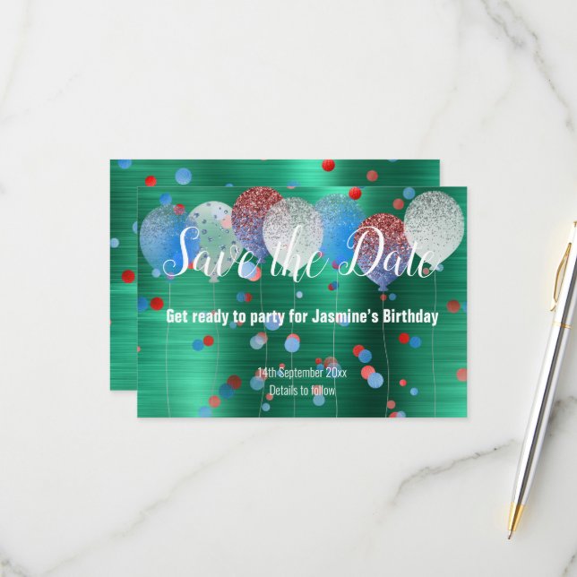 CARTE RSVP DATE À SAUVER VERTE TACHE ROUGE BALON R (Devant/Arrière en situation)