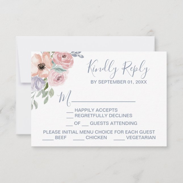 Carte RSVP de choix du menu Florals Rose Dusty (Devant)