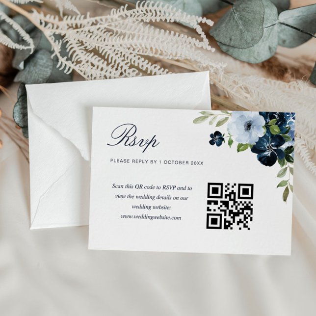carte rsvp de code de mariage à fleurs bleu marine (Créateur téléchargé)
