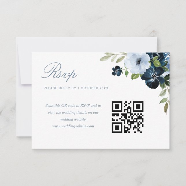 carte rsvp de code mariage QR marine et bleu clair (Devant)