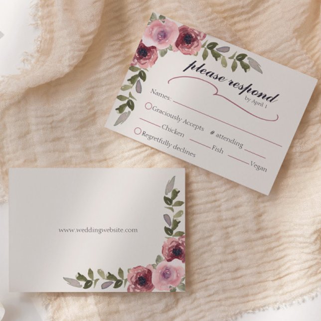Carte RSVP de l'événement Mariage de fleurs roses  (Watercolor floral pink rose with leaves RSVP response card with wedding website on back)