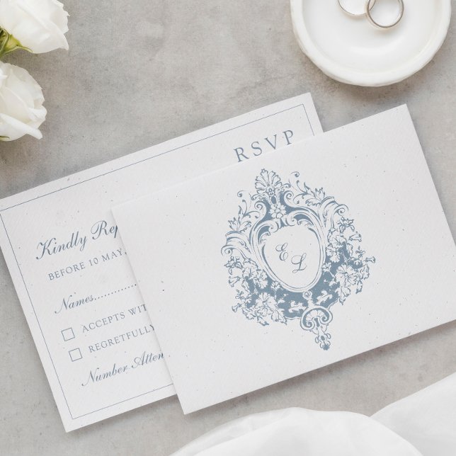 Carte RSVP de mariage à crête baroque élégante (Créateur téléchargé)