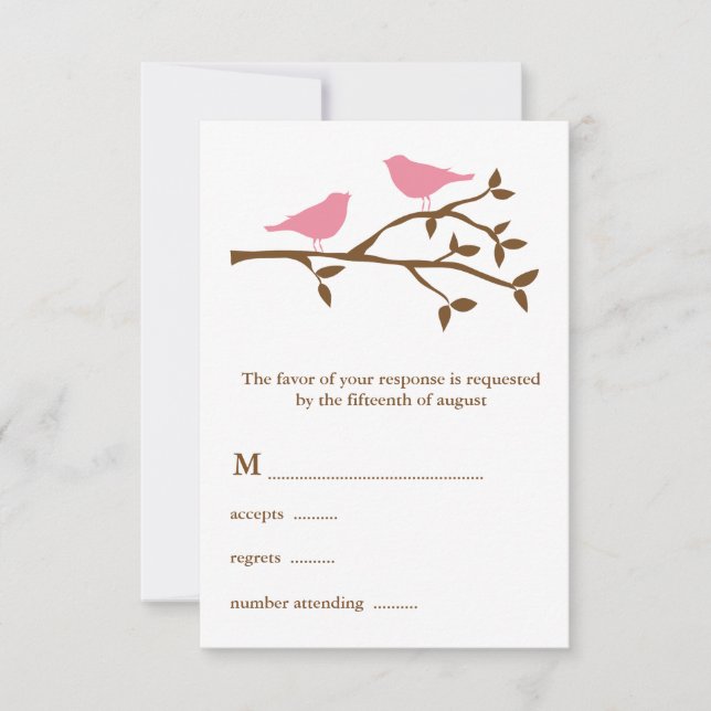 Carte RSVP de mariage à deux oiseaux roses (Devant)