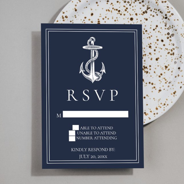 Carte RSVP de mariage Ancre marine bleu marine (Navy Blue Nautical Anchor Wedding RSVP Card)