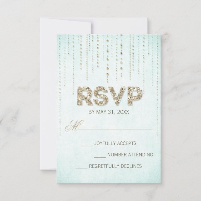 Carte RSVP de mariage Aqua & Gold Parties scintill (Devant)