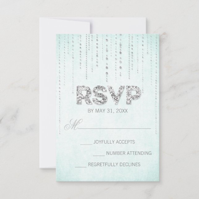 Carte RSVP de mariage Aqua & Silver Parties scinti (Devant)