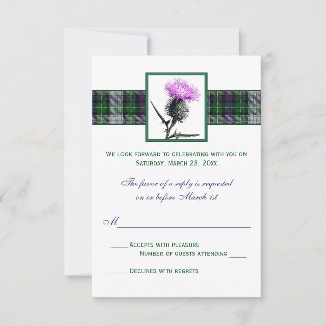 Carte RSVP de mariage au chardon vert violet (Devant)