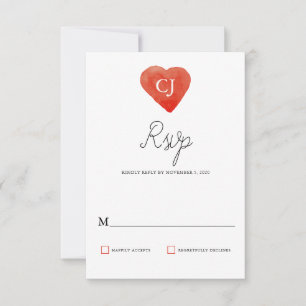 Carte RSVP de mariage au coeur rouge aquarelle