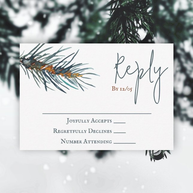 Carte RSVP de mariage aux aiguilles de pin vert d' (rustic brown forest green pine tree watercolor reply wedding rsvp enclosure card winter green brown)