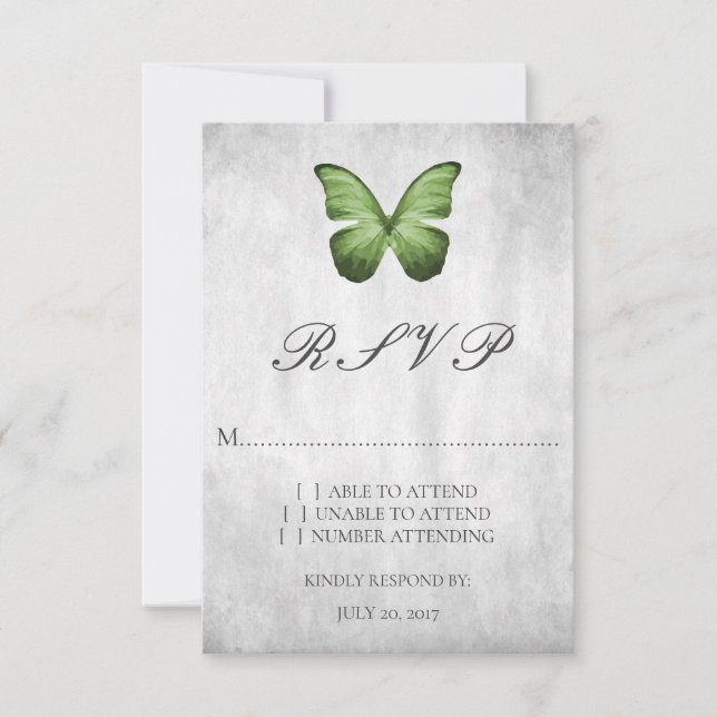 Carte RSVP de mariage aux papillons verts (Devant)
