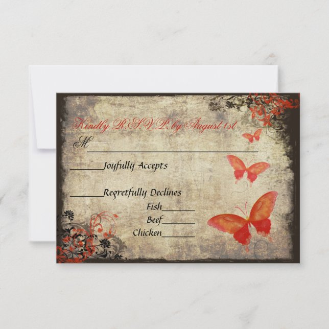 Carte RSVP de mariage aux papillons Vintages rouge (Devant)