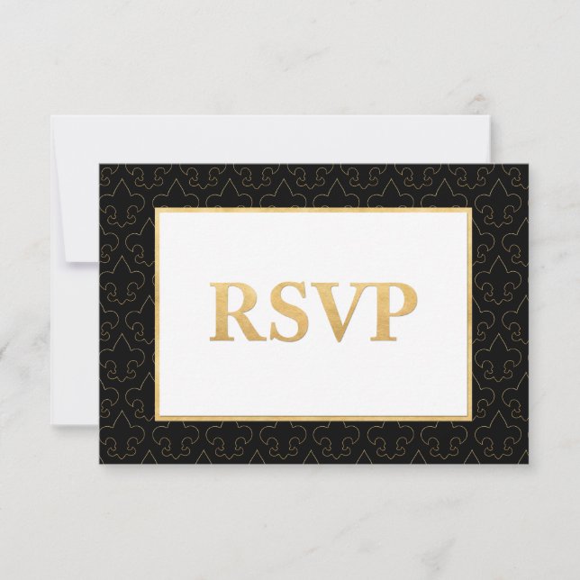 Carte RSVP de mariage Black & Gold Fleur De Lis (Devant)